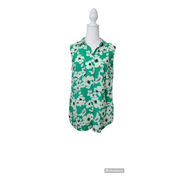 Merona Tops - Merona Shirt Top Blouse Women's Medium Button Down Floral Tank Green and Cream